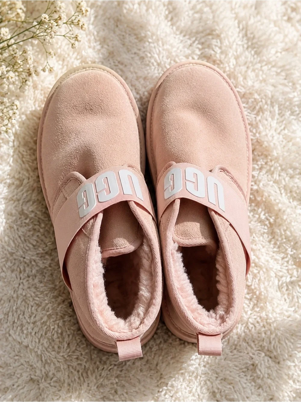 UGG Neumel Flex Pink Suede Wool Lined Logo Strap Boots Women’s 10